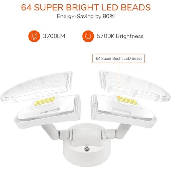 3700LM Flood Light, 32W LED Security Lights Outdoor, 2 Head Motion Design - Picture 1 of 5